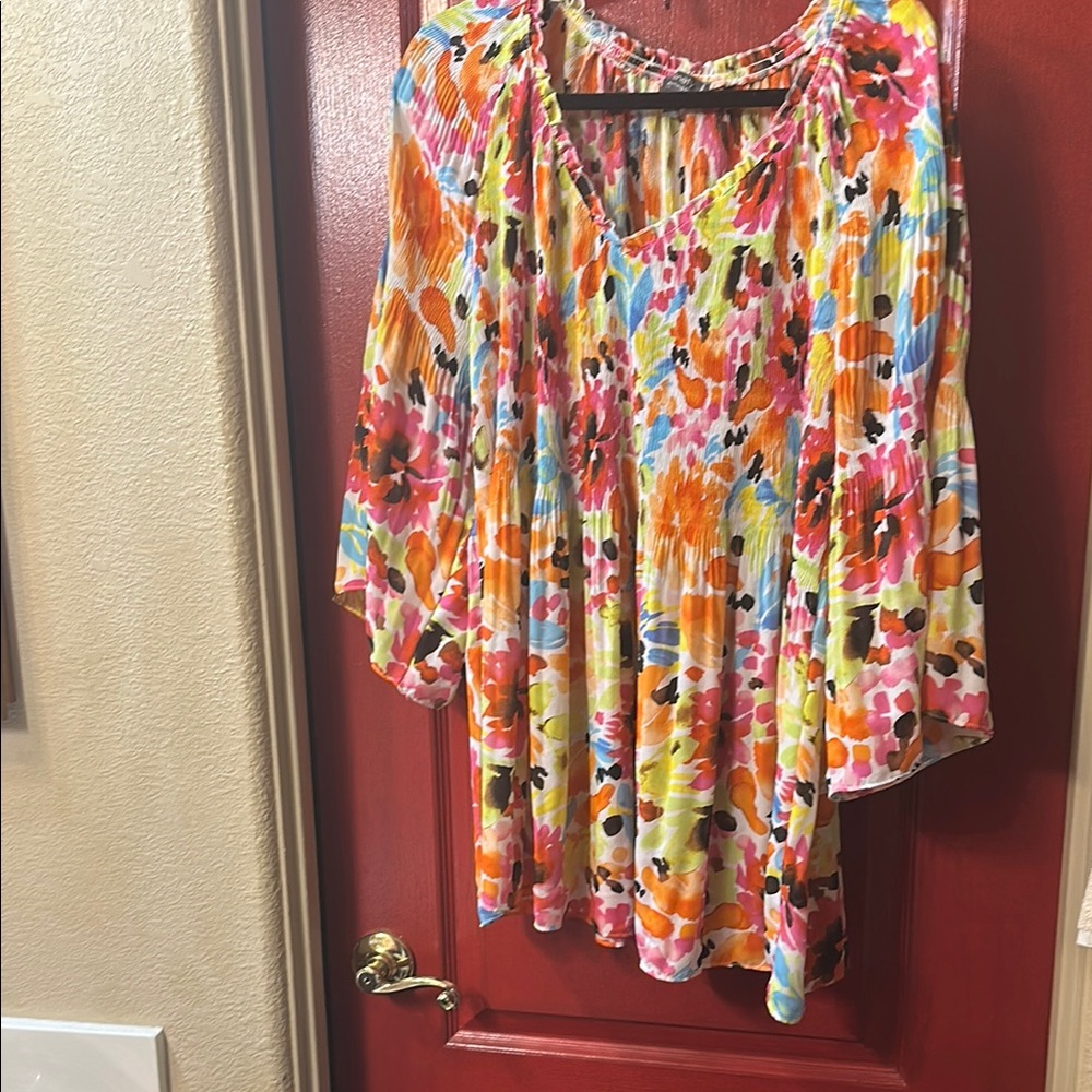Ninety Orange and Pink Bell Sleeve Blouse